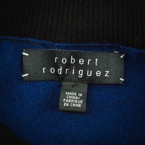 Robert Rodriguez Size Medium M Blue Black Lace Trim Button Front Down 3/4 Sleeve - Picture 3 of 6